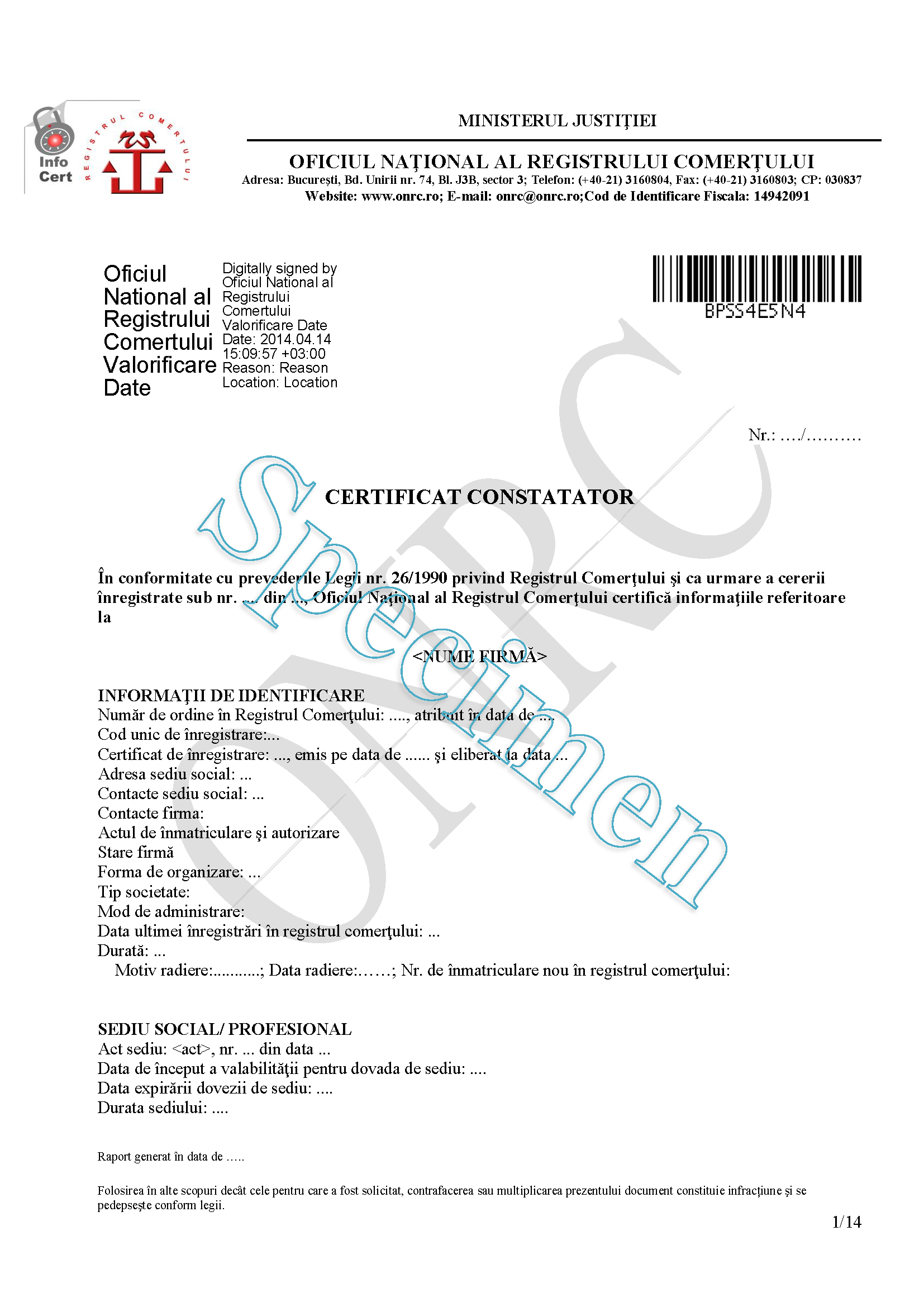 Specimen Certificat constatator de bază